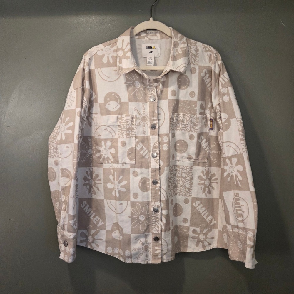 H&M x Smiley Originals Printed Button Up Shirt Jacket Shacket Size S White Cream